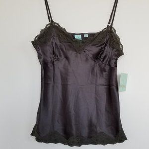 Shu Shu Pure Silk Camisole with Lace Trim Sz M Dk Steel Grey